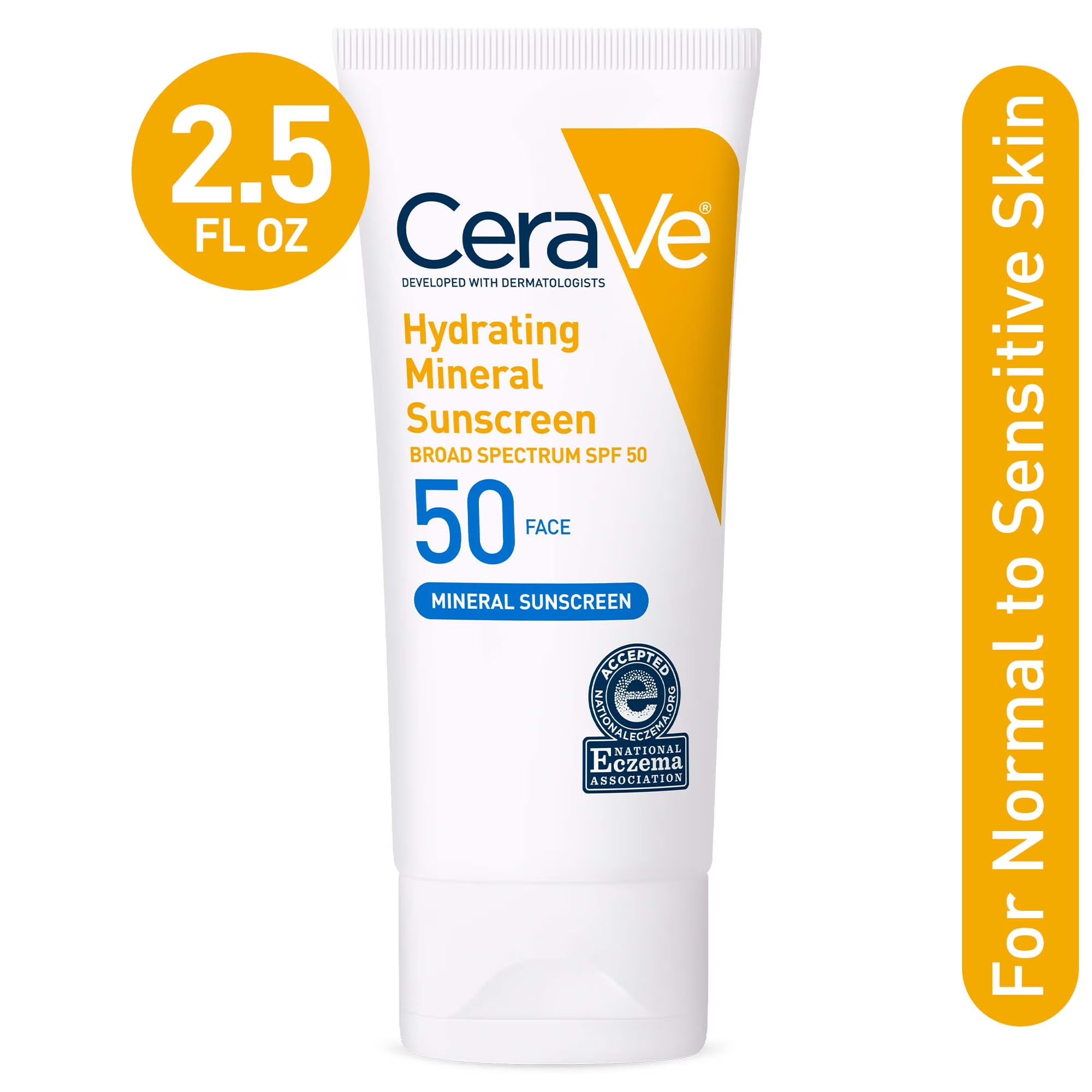 CeraVe Mineral Sunscreen Hydrating SPF 50 Face Lotion for Sensitive Skin, Kids & Adults 2.5 fl oz