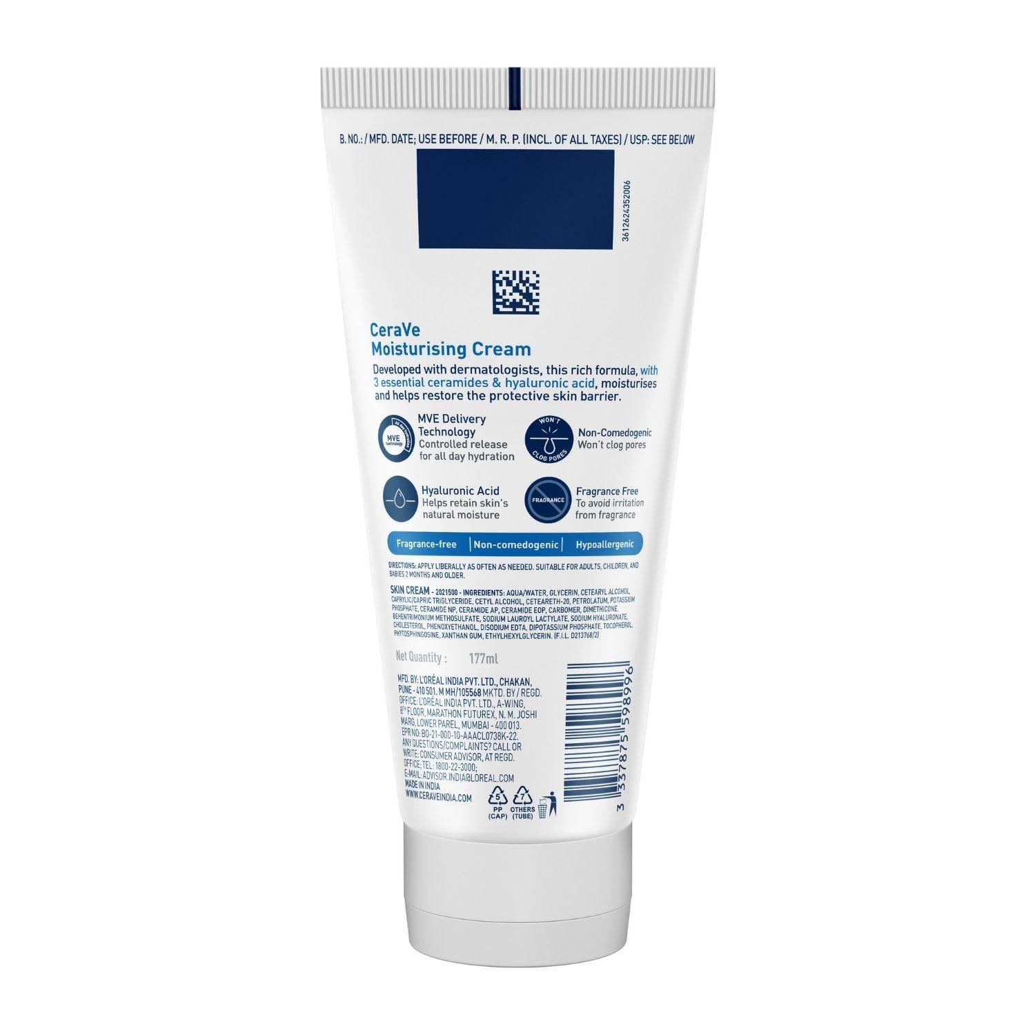 CeraVe Moisturizing Cream For Dry To Very Dry Skin (177ml) - Formulated with 3 Essential Ceramides And Hyaluronic Acid | Non-Comedogenic Moisturizer For Face
