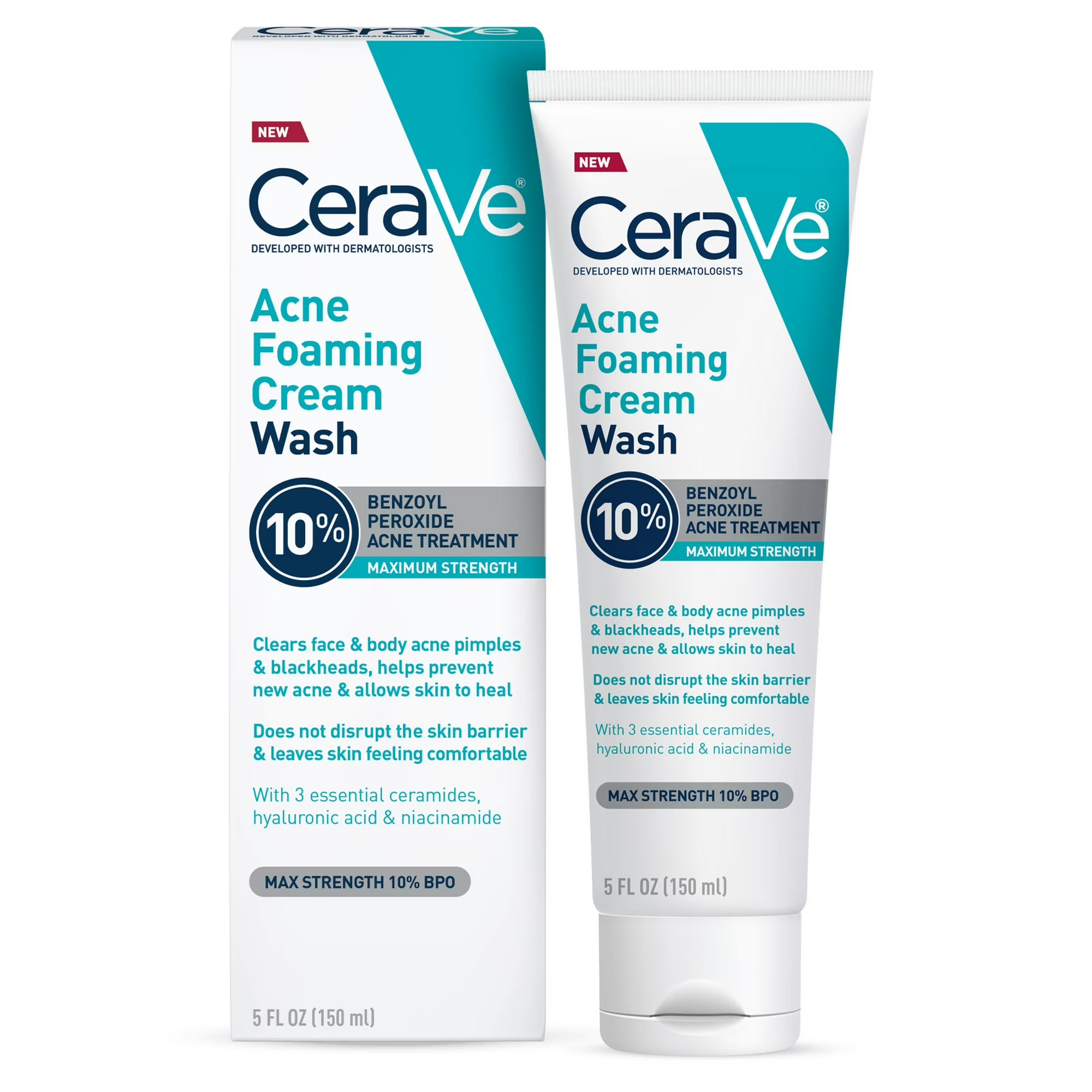 CeraVe Acne Foaming Cream Face Wash, 10% Benzoyl Peroxide Treatment, 5 fl oz