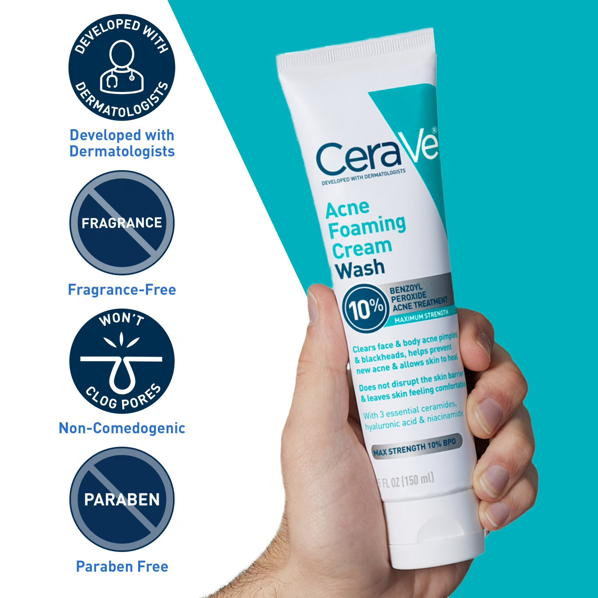 CeraVe Acne Foaming Cream Face Wash, 10% Benzoyl Peroxide Treatment, 5 fl oz