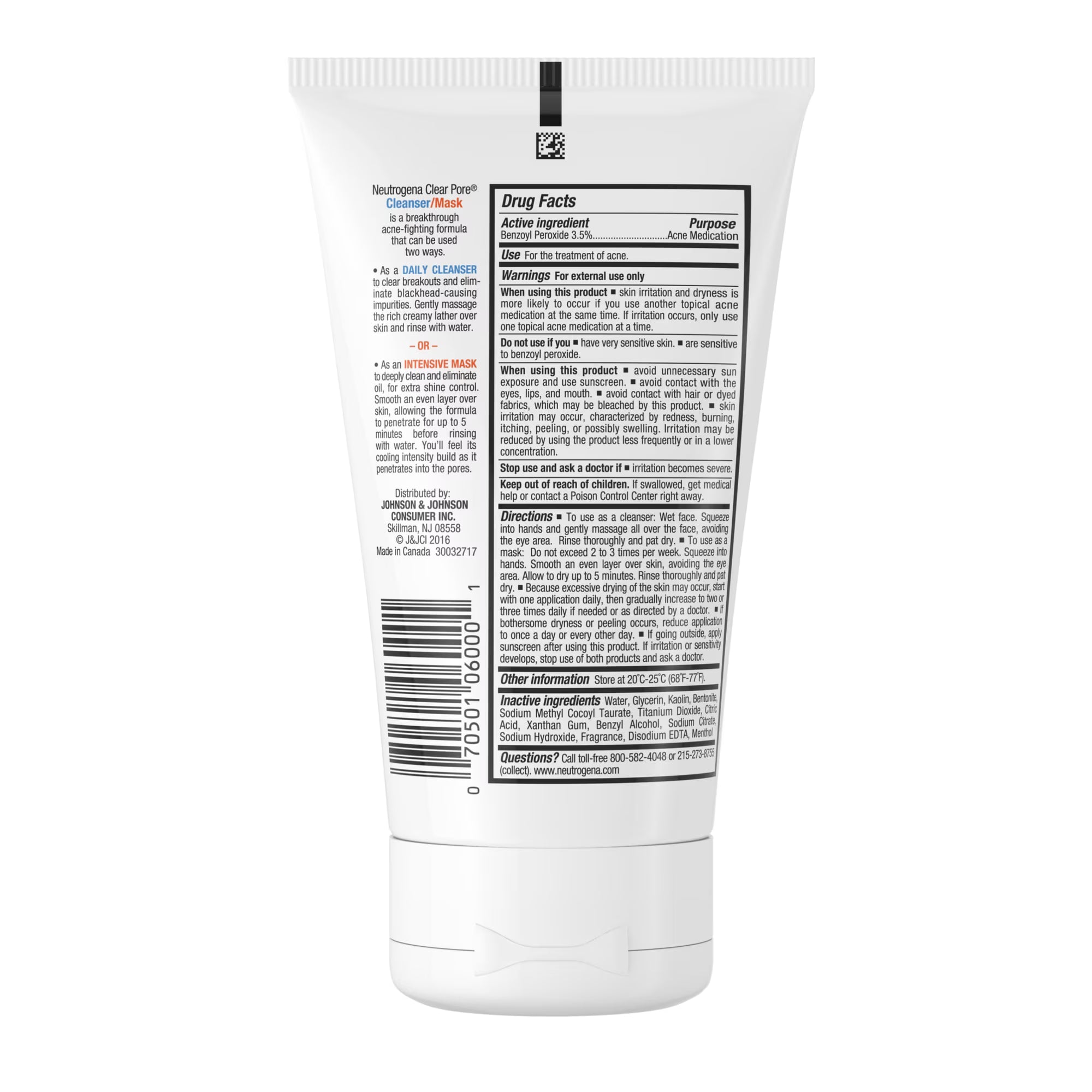 Neutrogena Clear Pore 3.5% Benzoyl Peroxide Face Wash & Acne Treatment Mask, 4.2 fl oz